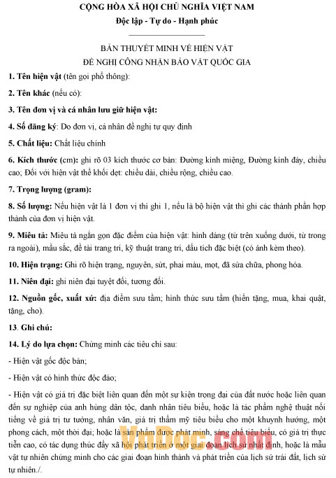 Mẫu đề nghị công nhận bảo vật quốc gia