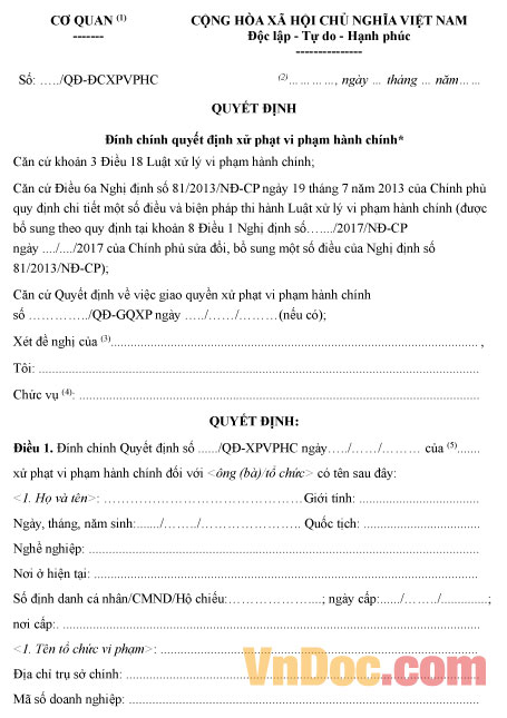 Mẫu quyết định đính chính quyết định xử phạt vi phạm hành chính
