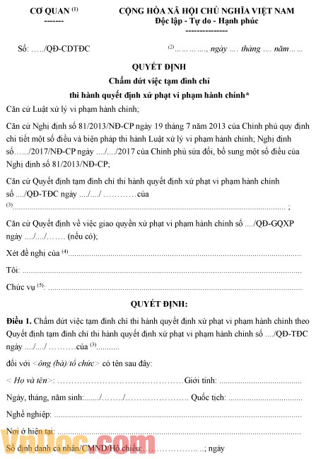 Mẫu quyết định chấm dứt việc tạm đình chỉ thi hành quyết định xử phạt vi phạm hành chính