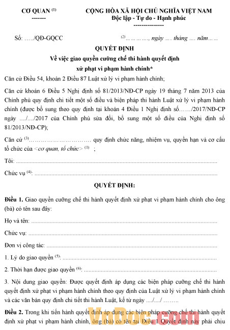 Mẫu quyết định giao quyền cưỡng chế thi hành quyết định xử phạt vi phạm hành chính