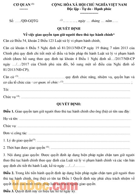 Mẫu quyết định về việc giao quyền tạm giữ người theo thủ tục hành chính