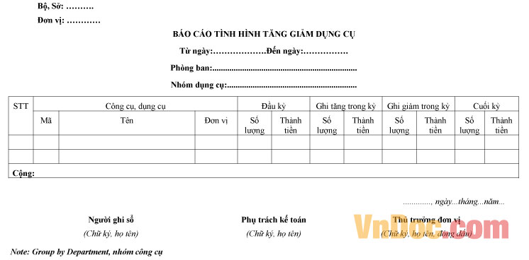 Mẫu báo cáo tình hình tăng giảm dụng cụ