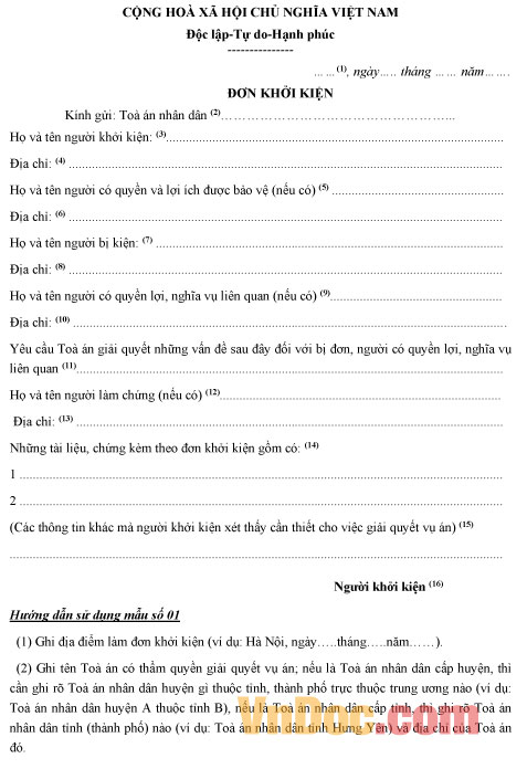 Mẫu đơn khởi kiện (có hướng dẫn)
