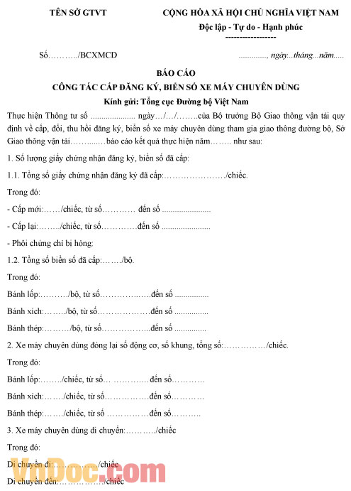 Mẫu báo cáo cấp đăng ký, biển số xe máy chuyên dùng
