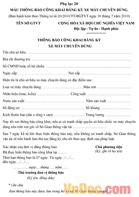 Thông báo công khai đăng ký xe máy chuyên dùng