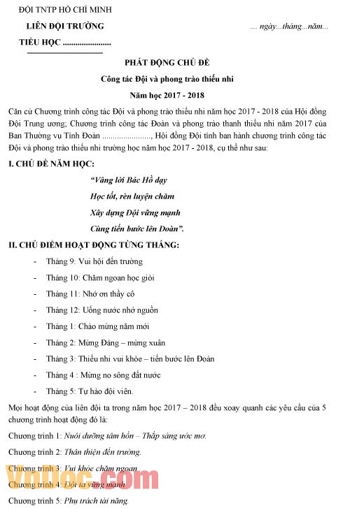 Nội dung chương trình phát động chủ đề công tác Đội và phong trào thiếu nhi năm học 2017-2018