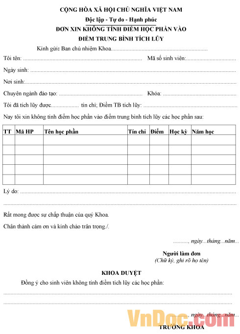 Mẫu đơn xin không tính điểm học phần vào điểm trung bình tích lũy