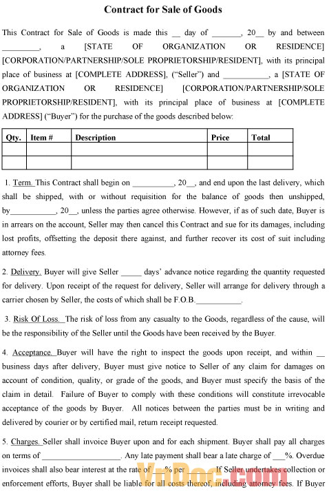 Mẫu hợp đồng bán hàng bằng tiếng Anh - Contract for Sale of Goods 