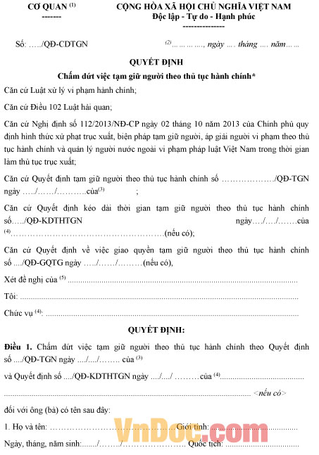Mẫu quyết định chấm dứt việc tạm giữ người