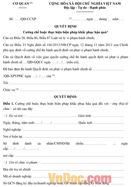 Mẫu quyết định cưỡng chế thực hiện biện pháp khắc phục hậu quả