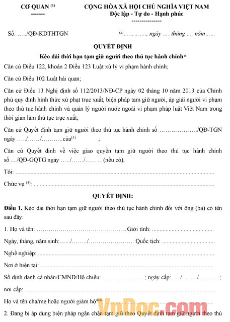 Mẫu quyết định kéo dài thời hạn tạm giữ người theo thủ tục hành chính