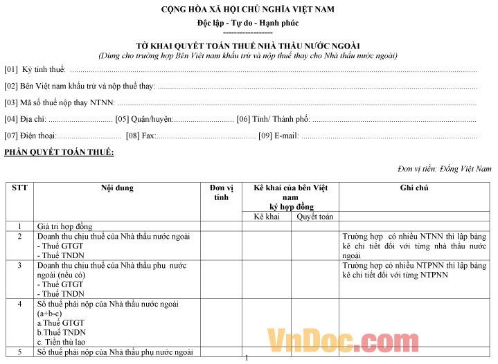 Mẫu tờ khai quyết toán thuế nhà thầu nước ngoài