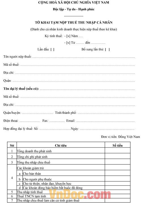 Mẫu tờ khai tạm nộp thuế thu nhập cá nhân