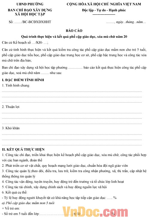 Mẫu báo cáo quá trình thực hiện và kết quả phổ cập giáo dục, xóa mù chữ năm 2017