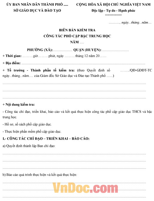 Mẫu biên bản kiểm tra công tác phổ cập giáo dục năm học 2017-2018