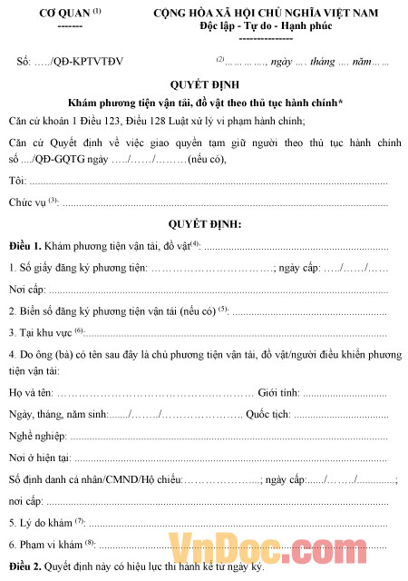 Mẫu quyết định khám phương tiện vận tải, đồ vật theo thủ tục hành chính