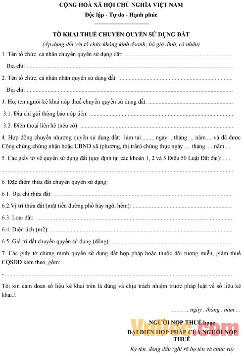 Mẫu tờ khai thuế chuyển quyền sử dụng đất