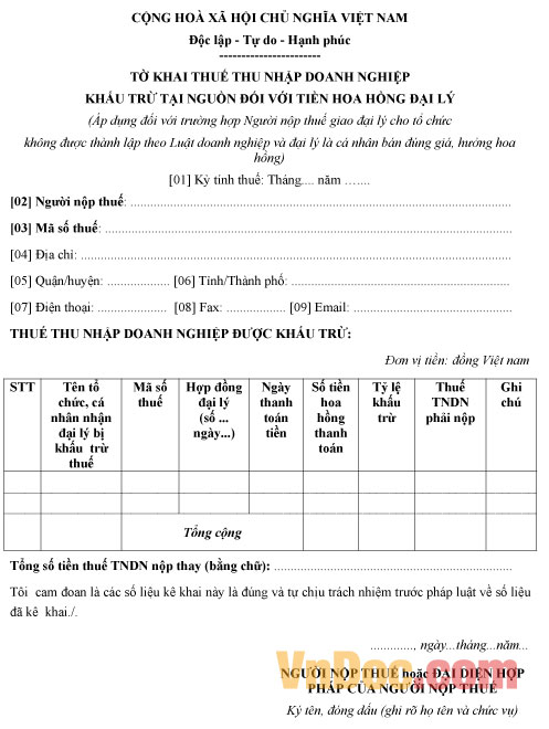 Mẫu tờ khai thuế thu nhập doanh nghiệp khấu trừ tại nguồn đối với tiền hoa hồng đại lý