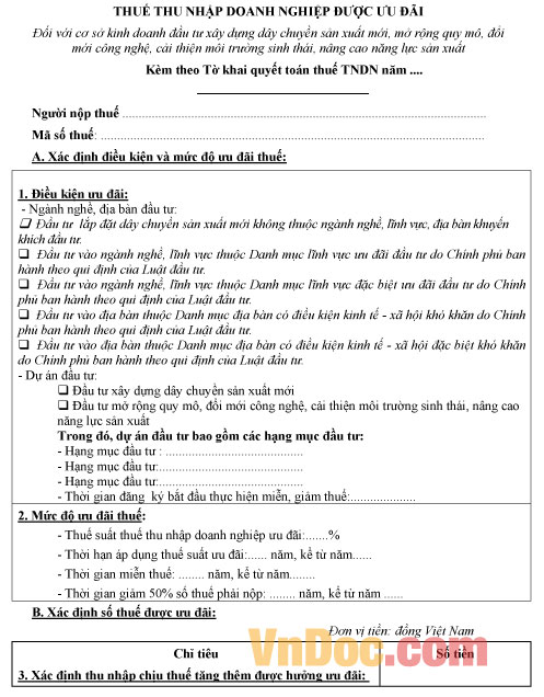 Mẫu tờ khai thuế thu nhập doanh nghiệp ưu đãi