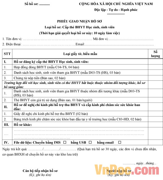 Mẫu phiếu giao nhận hồ sơ: Cấp thẻ BHYT học sinh, sinh viên