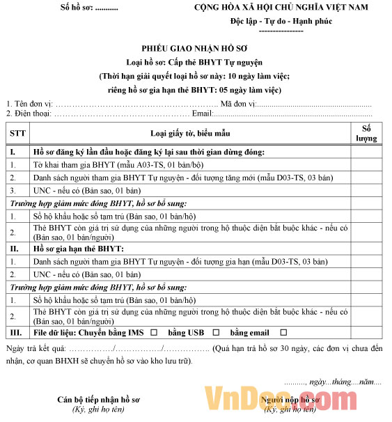Mẫu phiếu giao nhận hồ sơ: Cấp thẻ BHYT tự nguyện