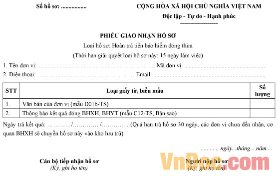 Mẫu phiếu giao nhận hồ sơ: Hoàn trả tiền bảo hiểm đóng thừa
