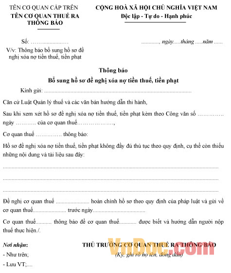 Mẫu văn bản đề nghị xoá nợ tiền thuế, tiền phạt
