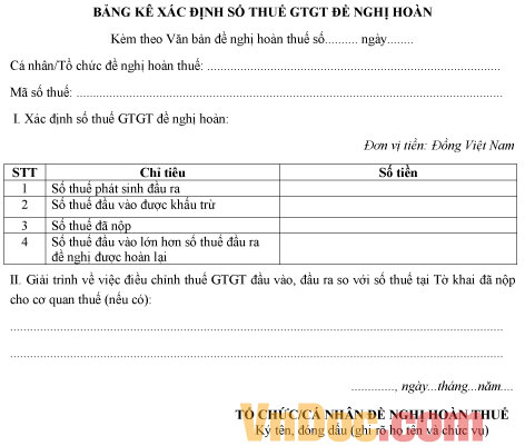 Mẫu bảng kê xác định số thuế GTGT đề nghị hoàn