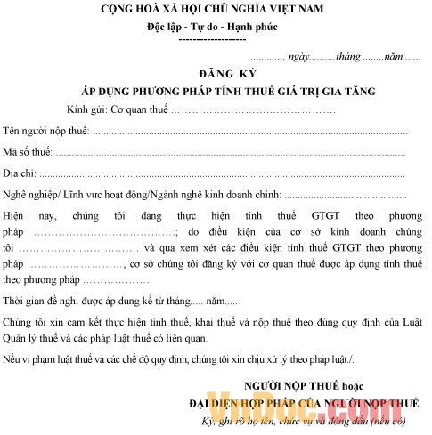 Mẫu đăng ký phương pháp tính thuế GTGT