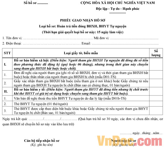 Mẫu phiếu giao nhận hồ sơ: Hoàn trả tiền đóng BHXH, BHYT tự nguyện