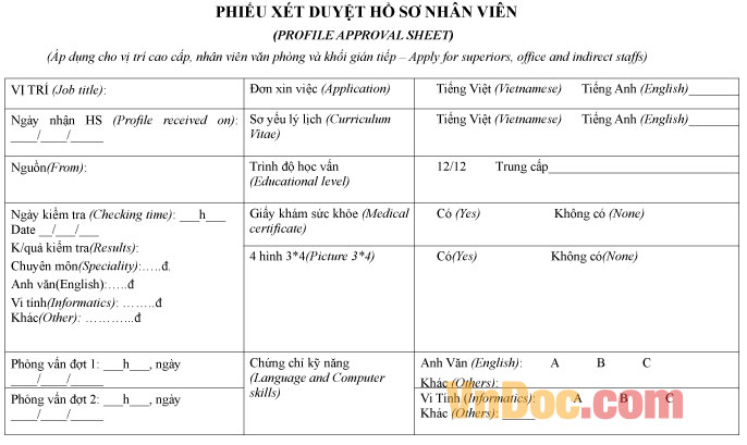 Mẫu phiếu xét duyệt hồ sơ nhân viên tuyển dụng