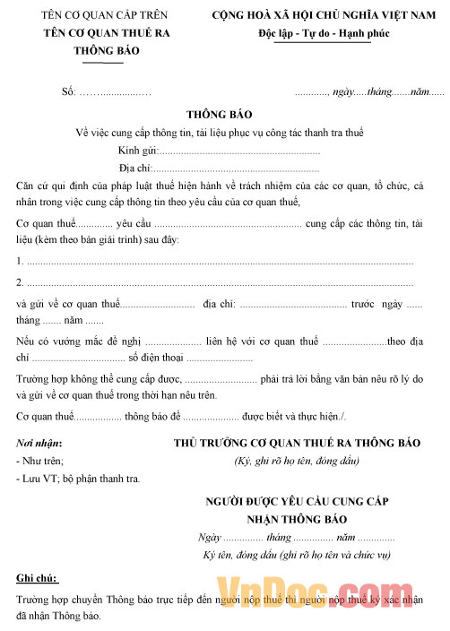 Mẫu văn bản yêu cầu cung cấp thông tin cho thanh tra thuế
