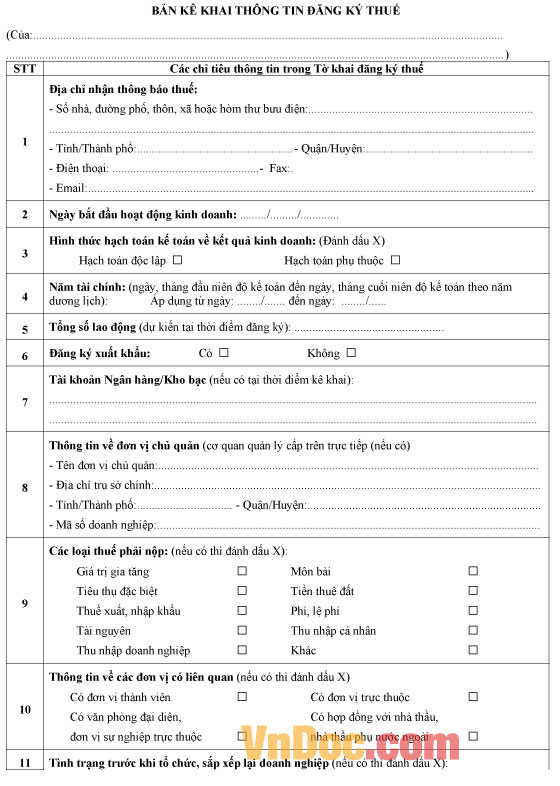 Mẫu bản kê khai thông tin đăng ký thuế