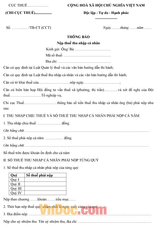 Mẫu thông báo nộp thuế thu nhập cá nhân