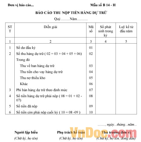 Mẫu báo cáo thu nộp tiền hàng dự trữ