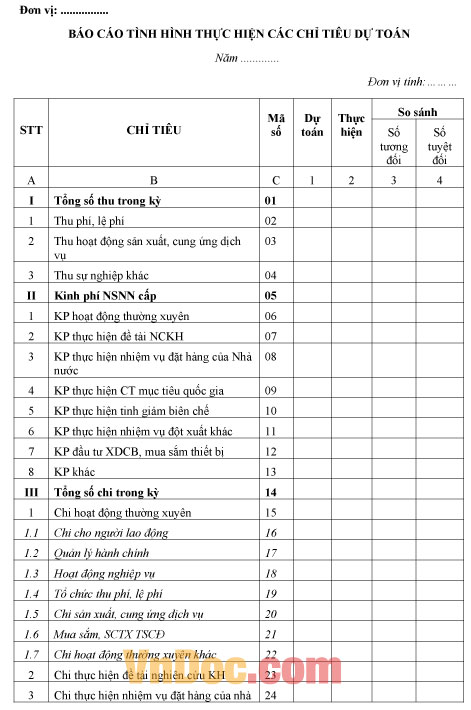 Mẫu báo cáo tình hình thực hiện các chỉ tiêu dự toán
