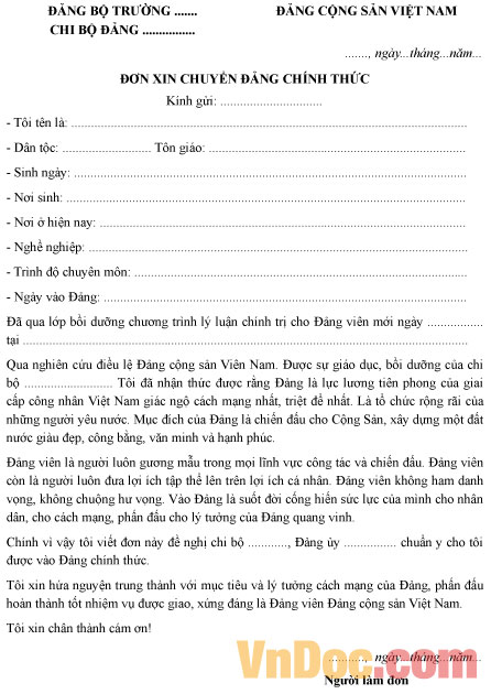 Mẫu đơn xin chuyển Đảng chính thức
