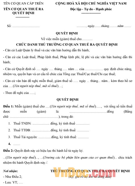 Mẫu số 03/MGTH: Quyết định về việc miễn (giảm) thuế