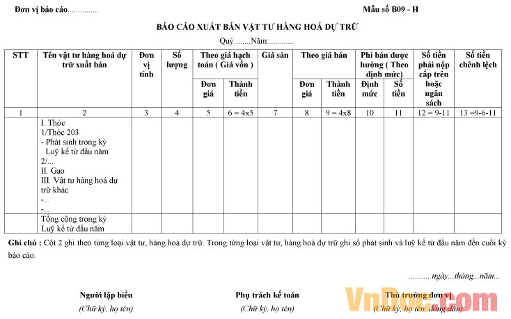 Mẫu báo cáo xuất bán vật tư hàng hóa dự trữ