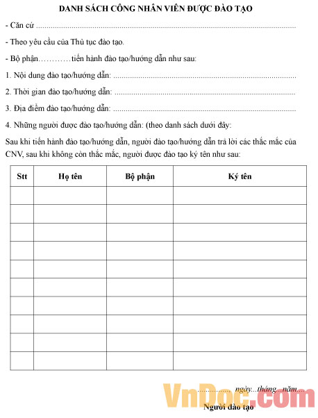 Mẫu danh sách công nhân viên được tham gia đào tạo