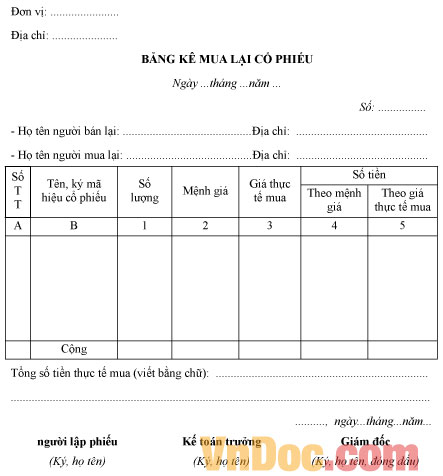 Mẫu bảng kê mua lại cổ phiếu