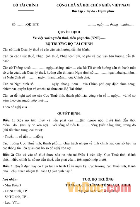 Quyết định về việc xóa nợ tiền thuế, tiền phạt
