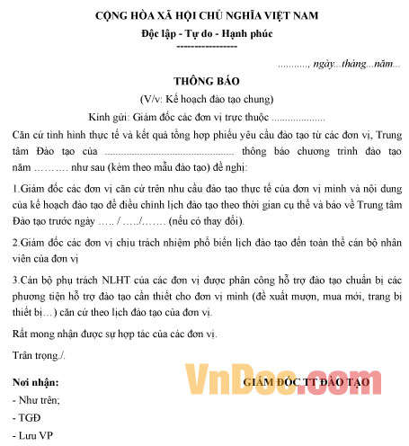 Mẫu thông báo kế hoạch đào tạo