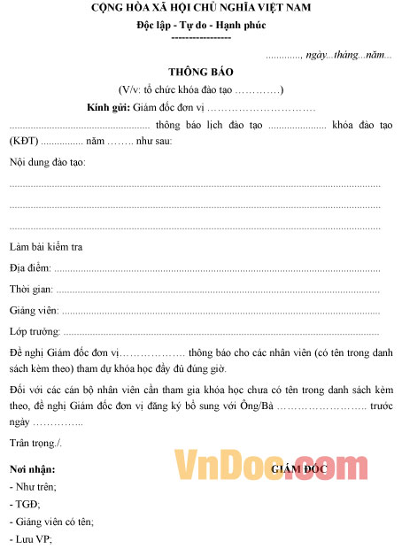 Mẫu thông báo tổ chức khóa đào tạo