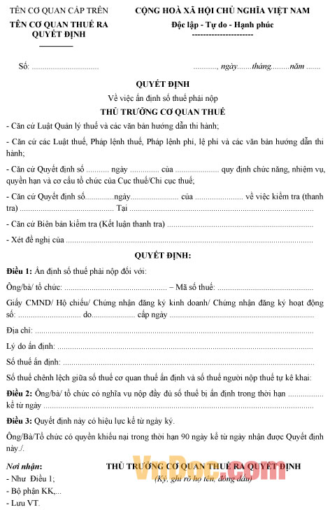 Mẫu quyết định về việc ấn định số thuế phải nộp