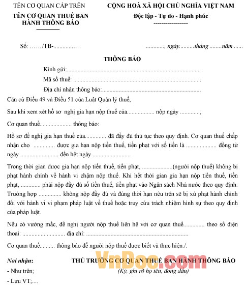 Mẫu thông báo về việc chấp nhận hồ sơ gia hạn nộp thuế
