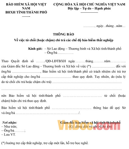 Mẫu thông báo từ chối chi trả các chế độ bảo hiểm thất nghiệp