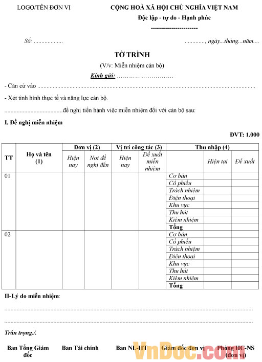 Mẫu tờ trình về việc miễn nhiệm cán bộ