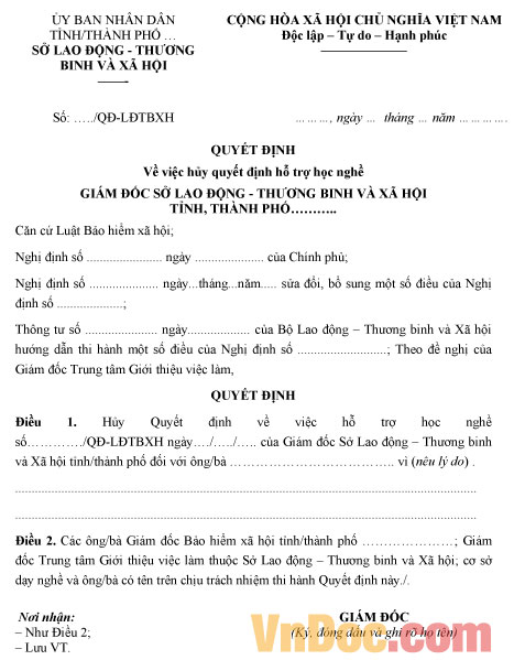 Mẫu quyết định hủy quyết định hỗ trợ học nghề