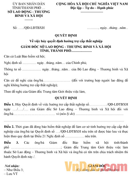 Mẫu quyết định hủy quyết định hưởng trợ cấp thất nghiệp